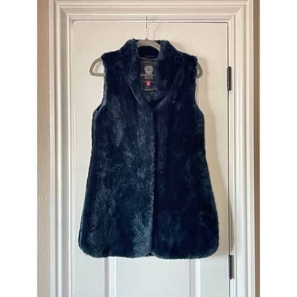 Vince Camuto Blue Faux Fur Vest Cinch Waist Size X Small - Picture 4 of 7